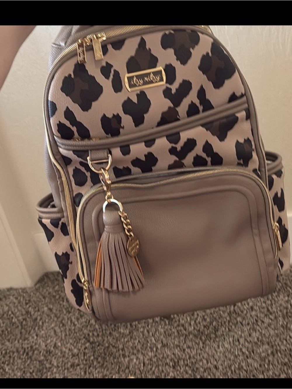 Itzy Ritzy Leopard Print Baby Diaper Bag Set in Taupe and Black